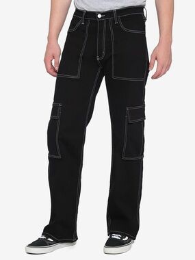 Aphrodite Black Contrast Stitch Utility Cargo Pants Size 36 Wide Leg Streetwear